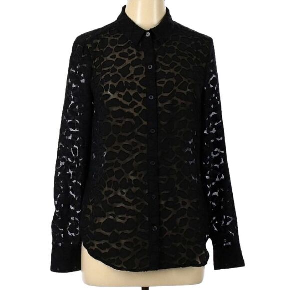 Ann Taylor Black Sheer Animal Print Lightweight Button Up Blouse Women's Size 8 - Picture 13 of 14